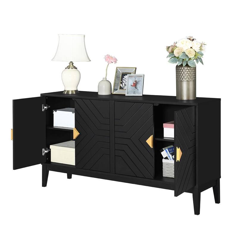 Roomfitters 4-Door Sideboard Storage Cabinet with Two Large Cabinets, Gold Handles and Adjustable Shelf, Black