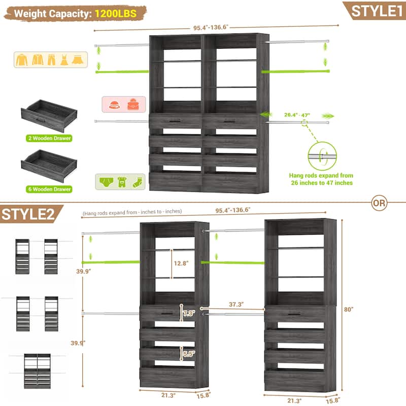 Qvella 95''-136'' W Closet System with 8 Wooden Drawers and 4 Hanging Rods, Walk-in Closet Organizer with 6 Storage Shelves