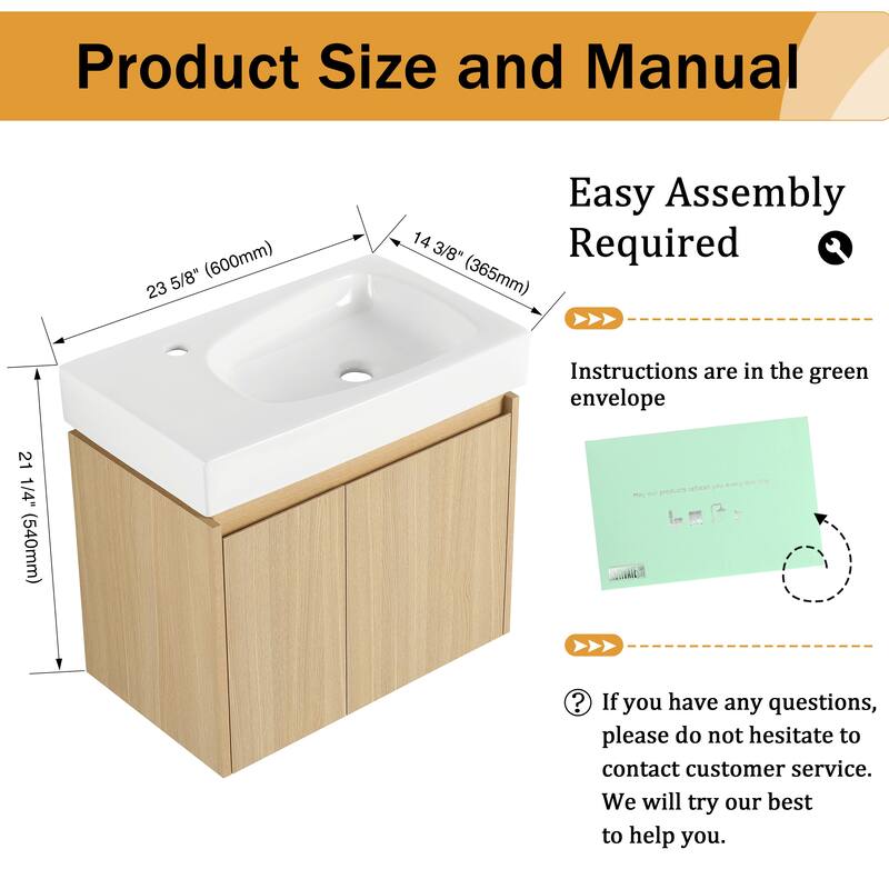 Malwee 24" Floating Bathroom Vanity,Wall Mounted Bathroom Vanity with Ceramic Sink and Soft Close Door - 23.6"×14.4"×21.3"