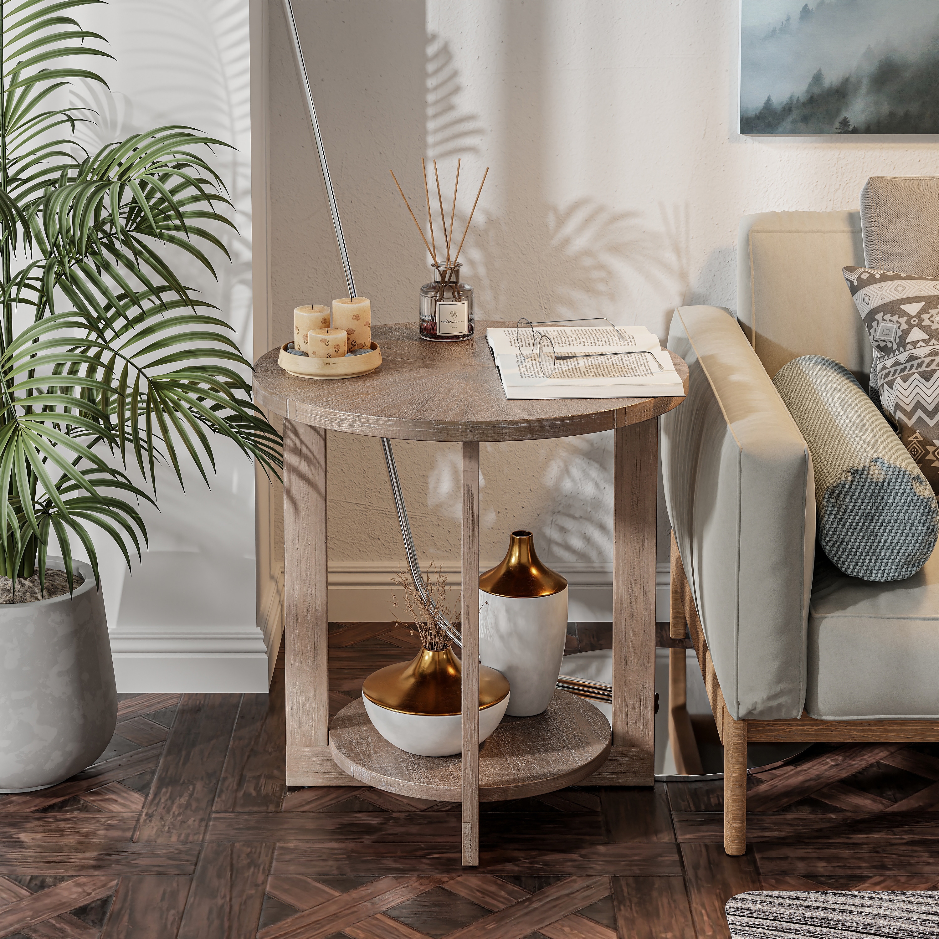 COZAYH Farmhouse Coffee Table with Storage Shelf, Rustic Round Country Accent Table with Stunning Radial Pattern, End table