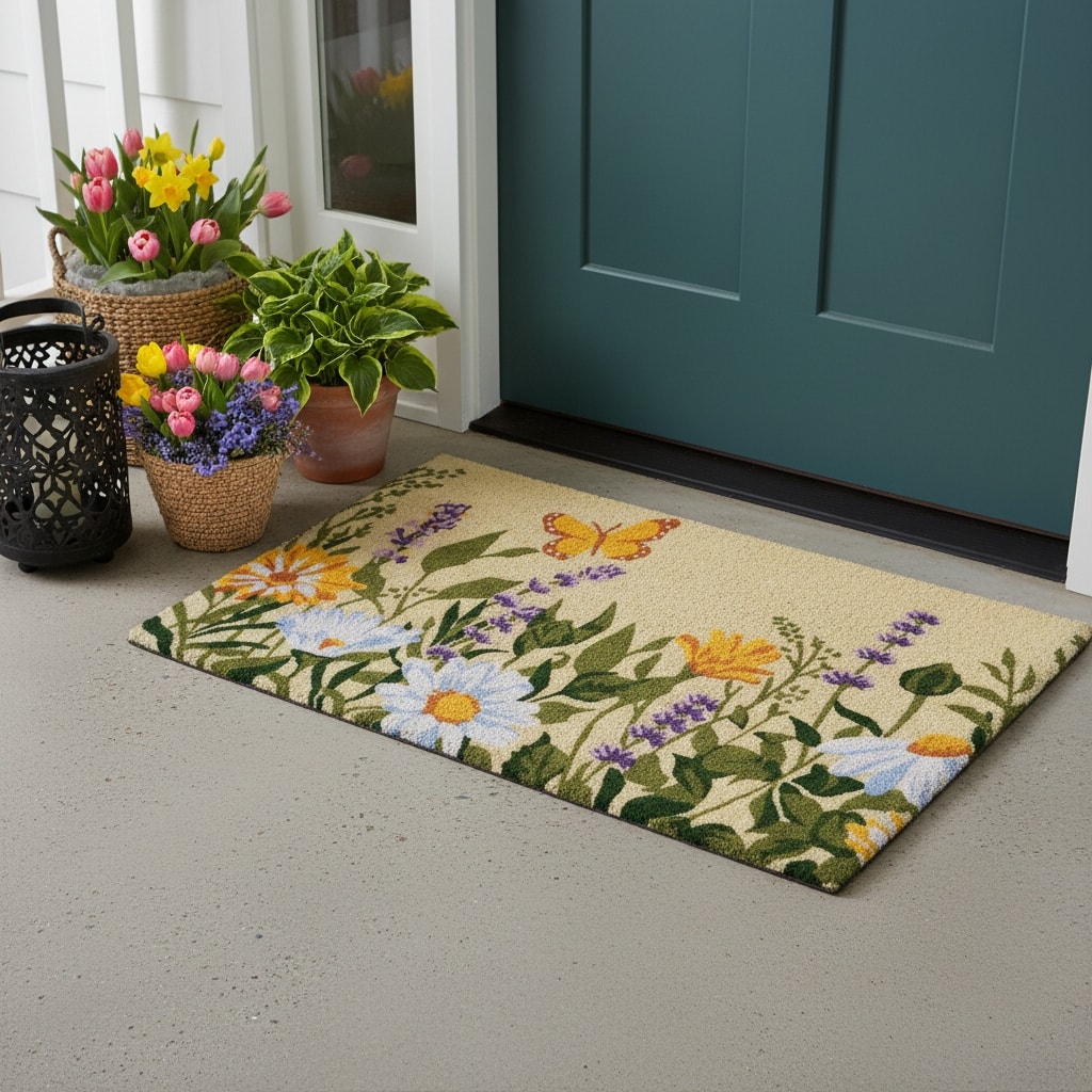 HomeRoots 24" X 36" Brown Green And Orange Floral Outdoor Coir Door Mat - 24.00' X '36.00