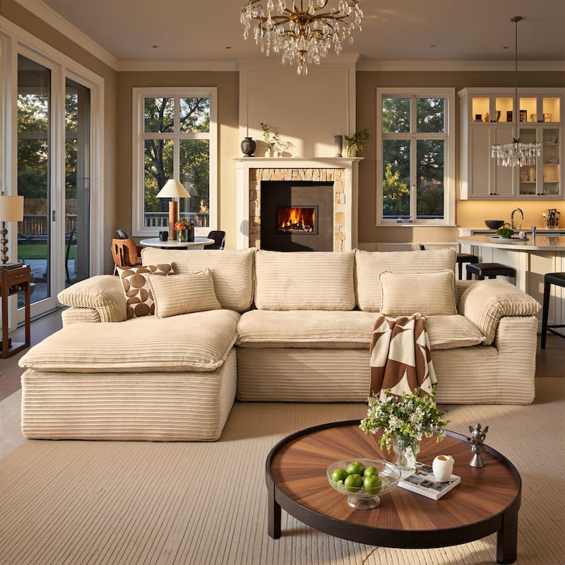 OVIOS Wide Ribbed Plush Sectional Sofa with Pillow-Top Arms - LeftChaise-Beige