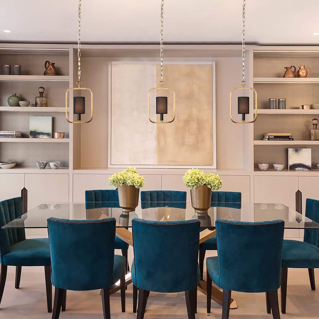 Evaie Mid-century Modern 1-Light Gold Frame Pendant Lights with Fabric Shade - L 7.5" x W 3" x H 73"