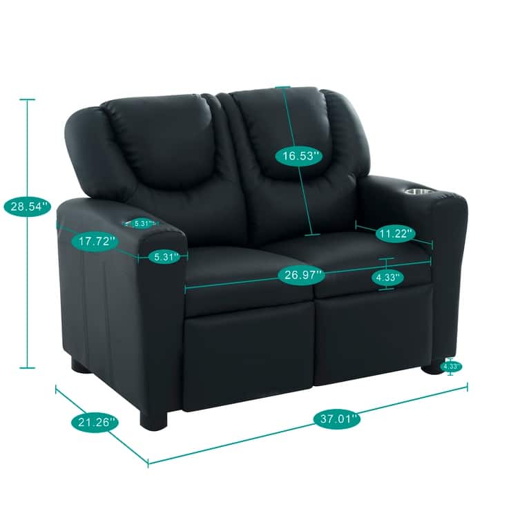 Kids Push Back Loveseat Recliner with Cup Holders, Adjustable Footrest & Headrest, Two Seat Recliner Sofa for Boys and Girls