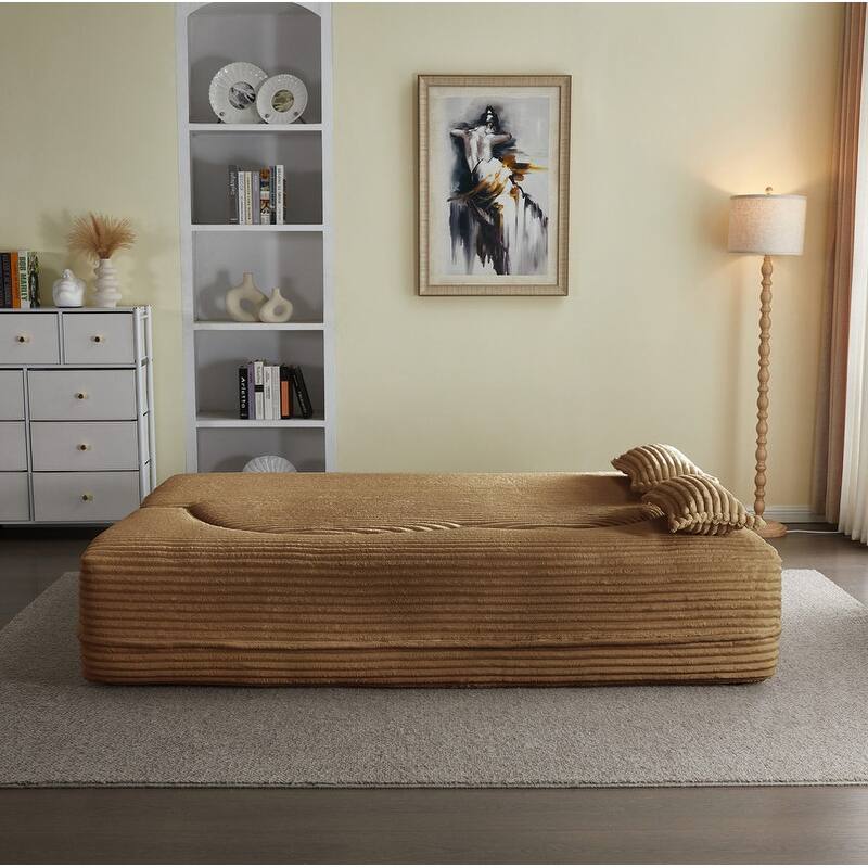 Modern 78" Full Size Convertible Corduroy Foam-Filled Sleeper Sofa,Modern Floor Sofa with 2 Pillows