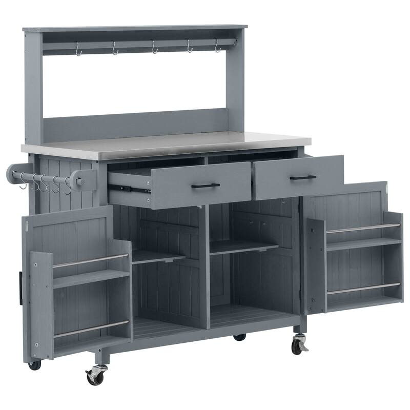 54 Inch Outdoor Kitchen Island with Stainless Steel Top Fir Wood Storage