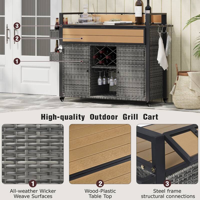 52.8"W Wicker Outdoor Grill cart with Extended Plastic Wood Table Top, Rolling Kitchen Island on Wheels with Storage Cabinet
