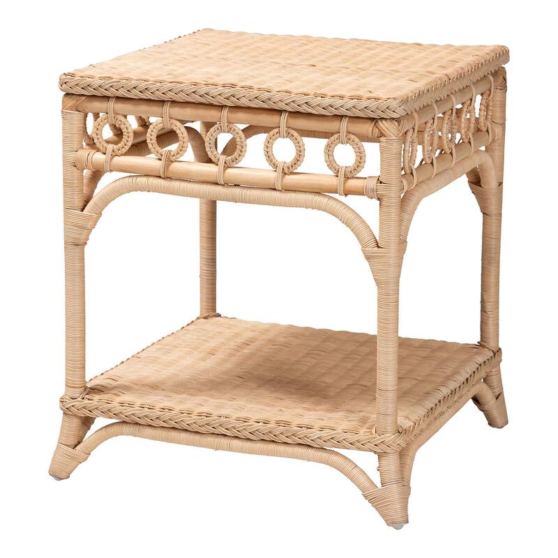 Oxford Braided Natural Rattan End Table with Shelf - Boho Table with Loop Detailing, Coastal Style for Living Room or Bedroom - Natural Brown