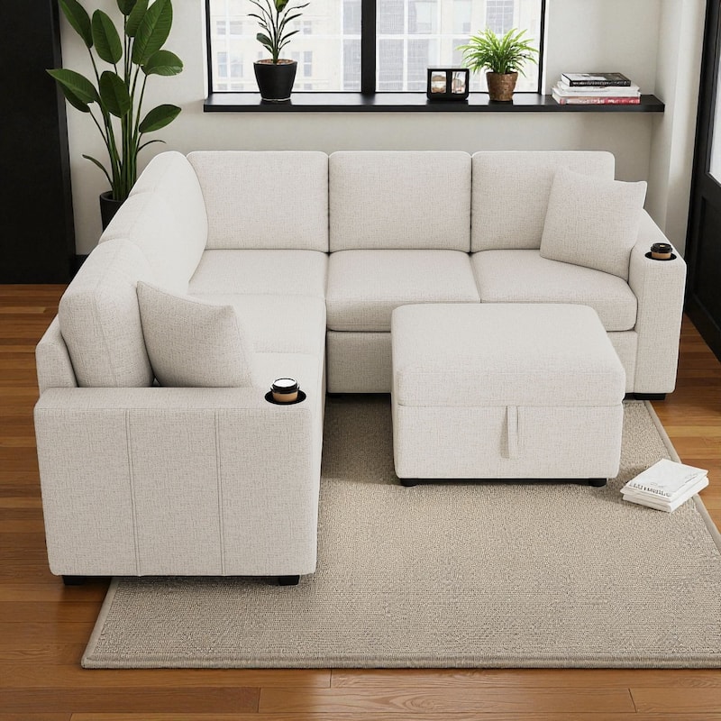 84.7" Modular Sectional Sofa Convertible Pull-Out Bed U-Shape L-Shape Couch with Storage Ottoman USB Ports Cup Holders