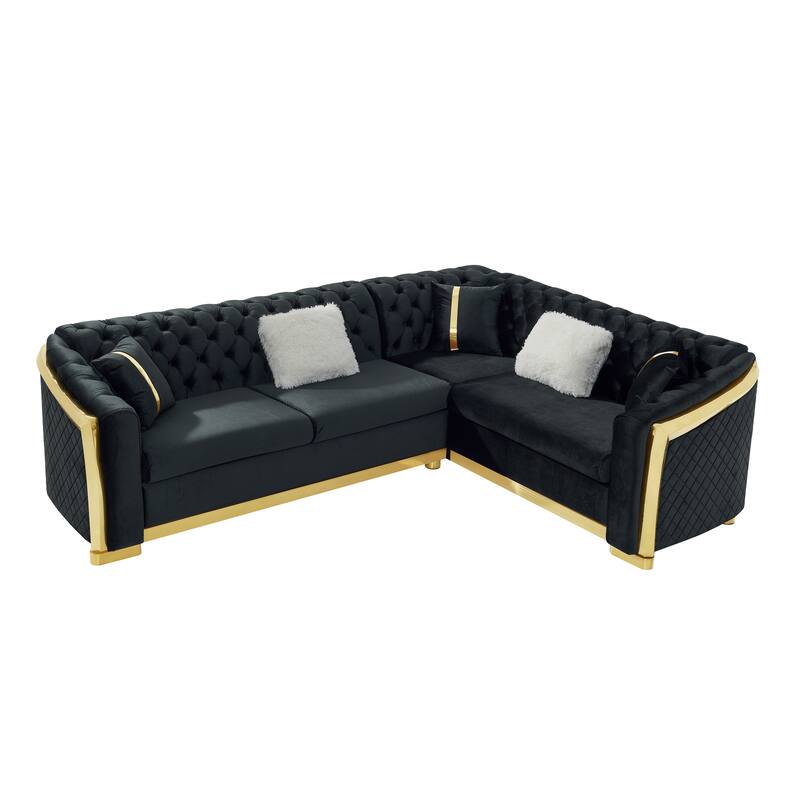 106 Inches L-Shaped Chesterfield Sectional Sofa Set, Velvet Button Tufted with Gold Stainless Steel Accents, Black