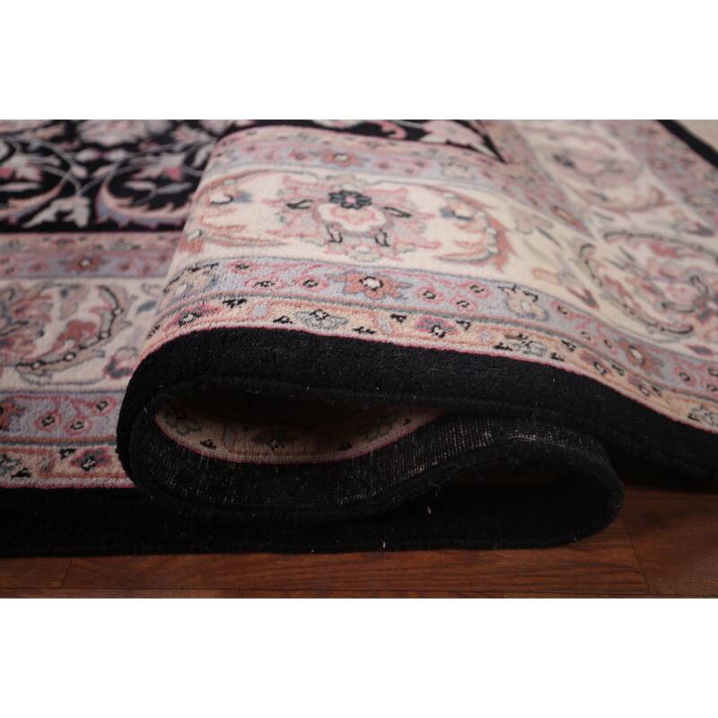 Black Floral Kashan Indian Area Rug Handmade Wool Carpet - 9'2"x 11'10"