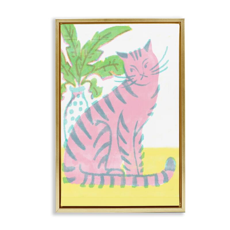 Stupell Modern Pink Cat & Plant Framed Floater Canvas Wall Art Design By Hannah Moren - 17 x 25 - Gold