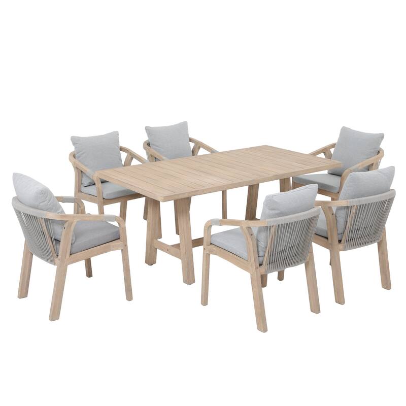 Outdoor Rope Dining Chair and Wood Dining Table Set of 7