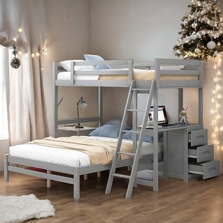 Twin over Full Bunk Bed with Built-in Desk and 3 Drawers