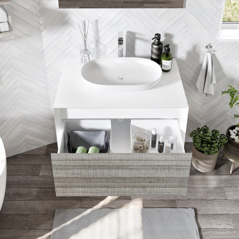 Eviva Santa Monica 36 inch Ash Wall Mount Bathroom Vanity with Solid Surface Vessel Sink