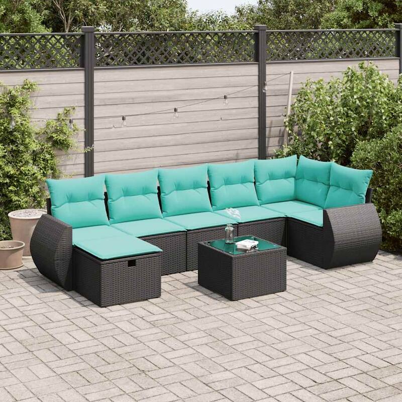 vidaXL 7 Piece Patio Sofa Set with Cushions Black Poly Rattan - 21.7 x 24.4 x 27.2 - 8-piece layout - Black-with storage