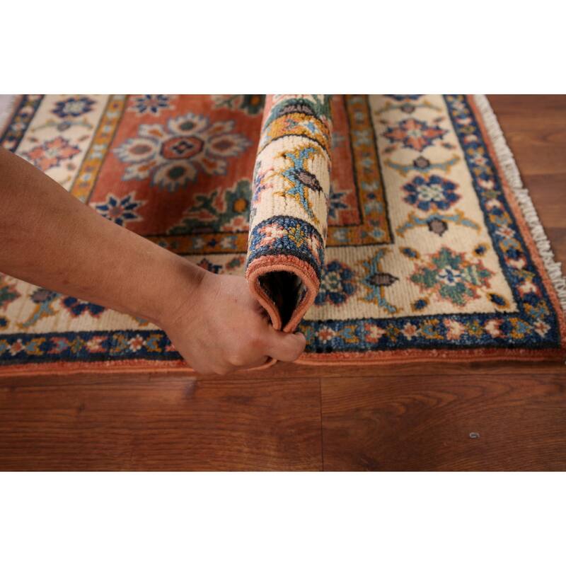 Geometric Kazak Accent Rug Handmade Orange Wool Carpet - 2'0" x 3'0"