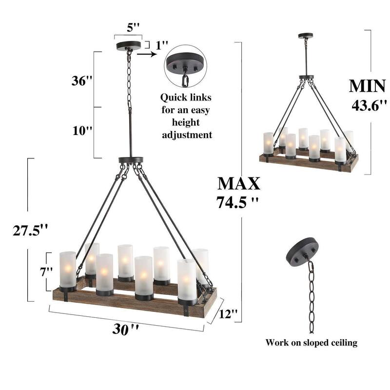 Farmhouse 8-Light Wood Chandelier Frosted Glass Kitchen Island Lights - 30"L x 12"W x 27.5"H