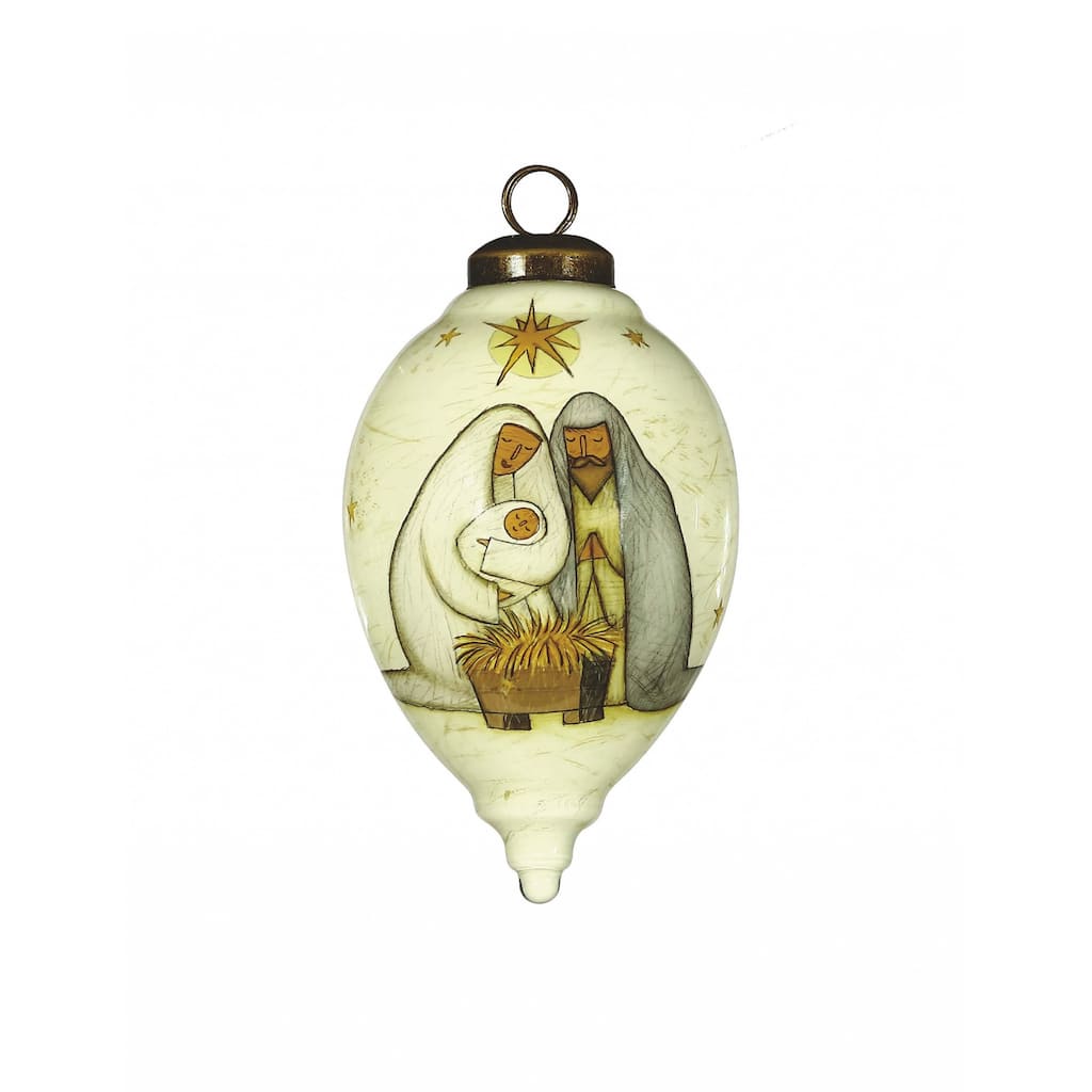 Nativity Holy Family Hand Painted Mouth Blown Glass Ornament - 4" x 2.5" x 2.5"