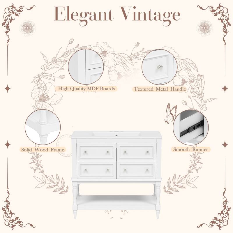 Bathroom Vanity with Ceramic Sink, Solid Wood Vanity Set with 4 Drawers, Bathroom Storage Cabinet with Open Shelf