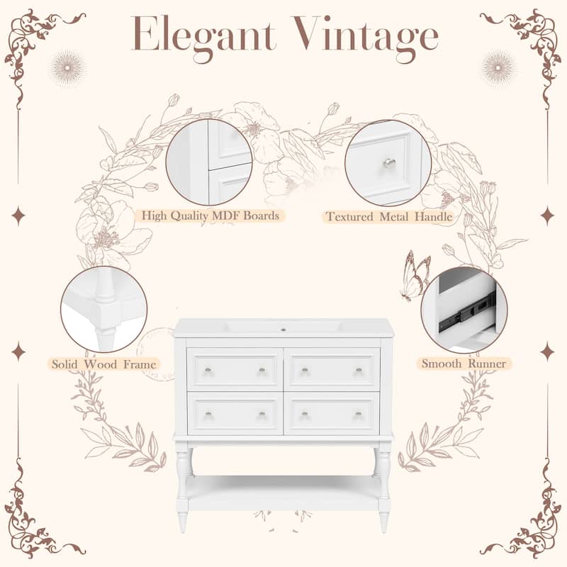 Free Standing Bathroom Vanity Cabinet with Sink, 4 Drawers, Solid Wood Frame, Silver Metal Knobs and Large Open Storage Shelf