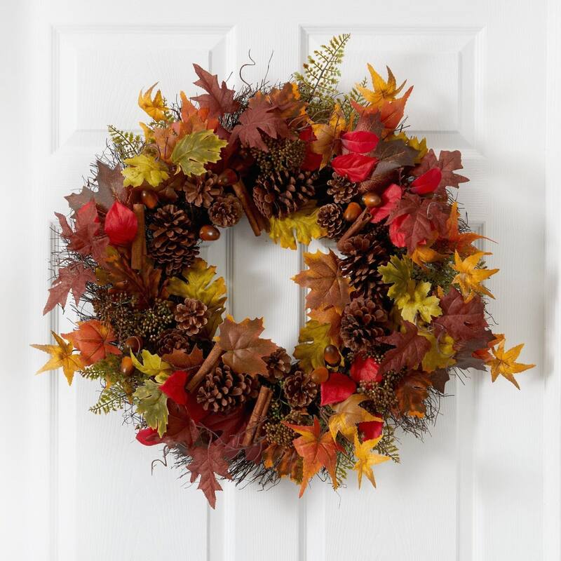 Maple Leaves Acorn Pinecones Cinnamon Sticks Artificial Fall Wreath 30"