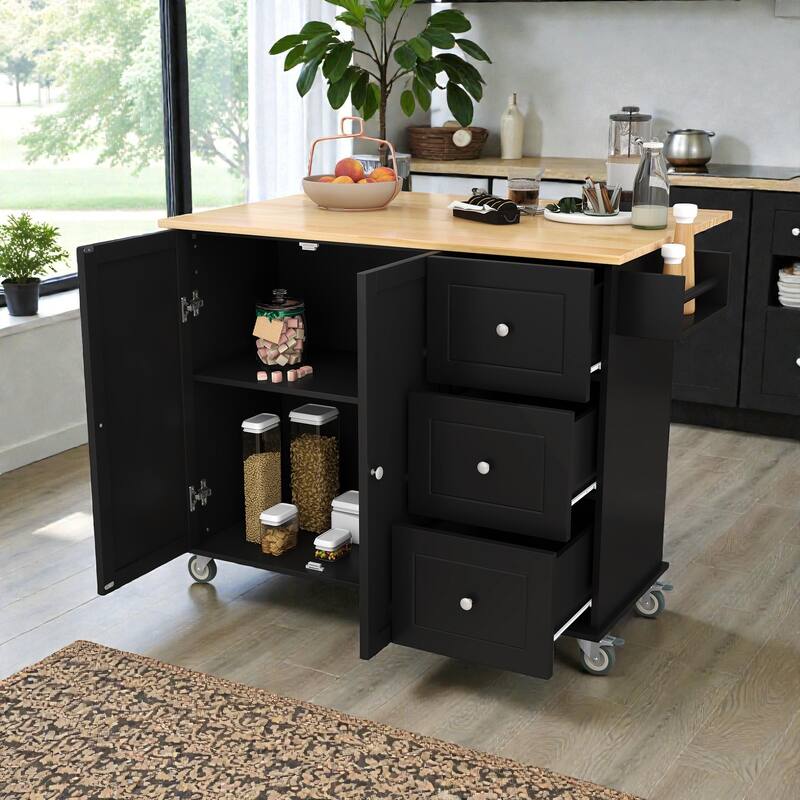 52.7" Rolling Kitchen Island with Solid Wood Top, Drop Leaf Breakfast Bar, Storage Cabinet, Wheels