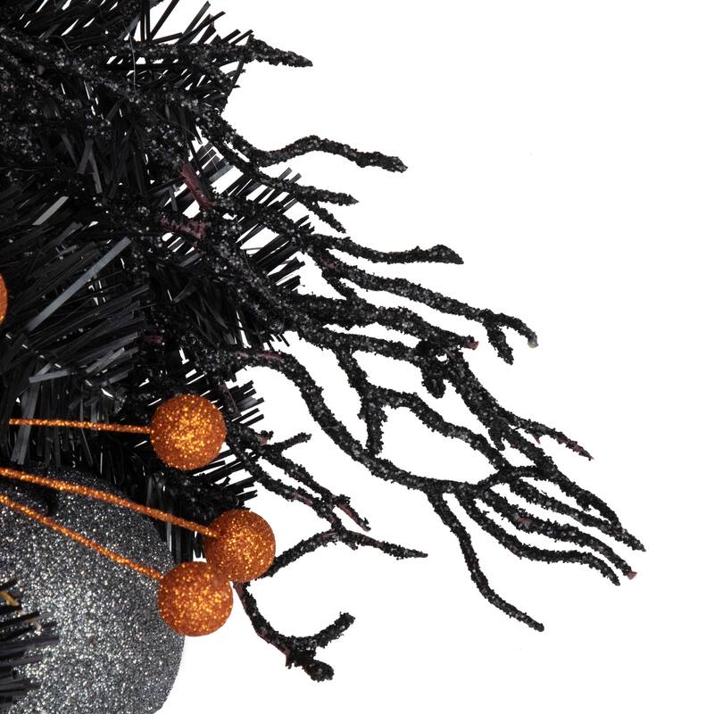 Ornaments and Ghost Halloween Twig Pine Wreath - 24" - Orange and Black - Unlit