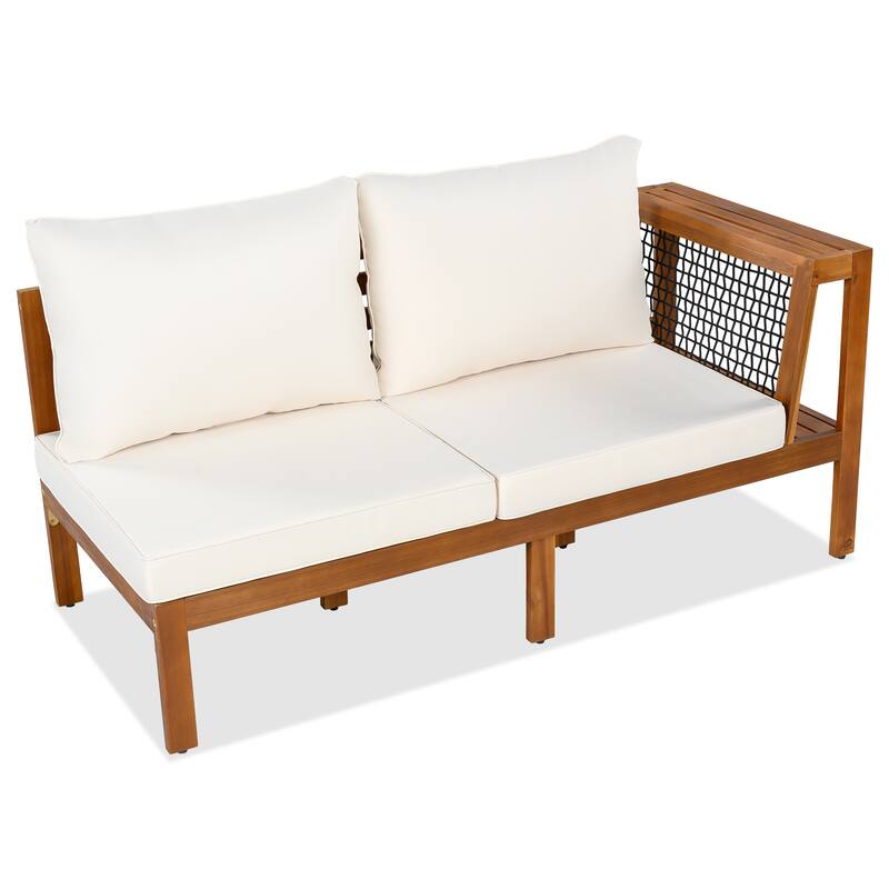 Roomfitters 4-Piece Outdoor Sectional Sofa Set with Coffee Table and Built-in Side Shelves, Wood Frame