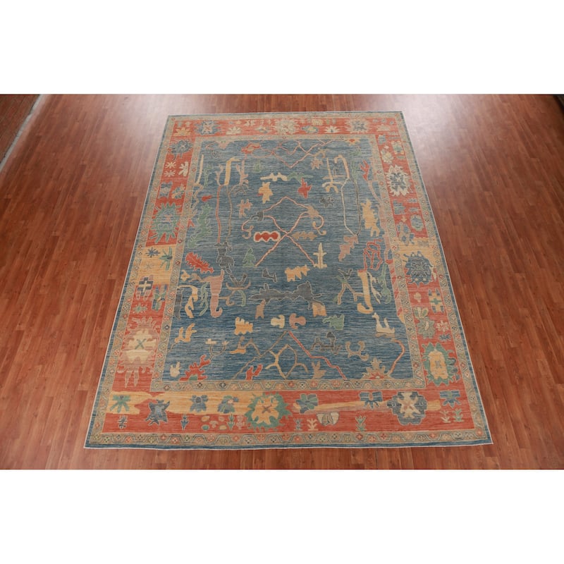 Vegetable Dye Blue Oushak Turkish Area Rug Hand-Knotted Wool Carpet - 9'3" x 12'3"