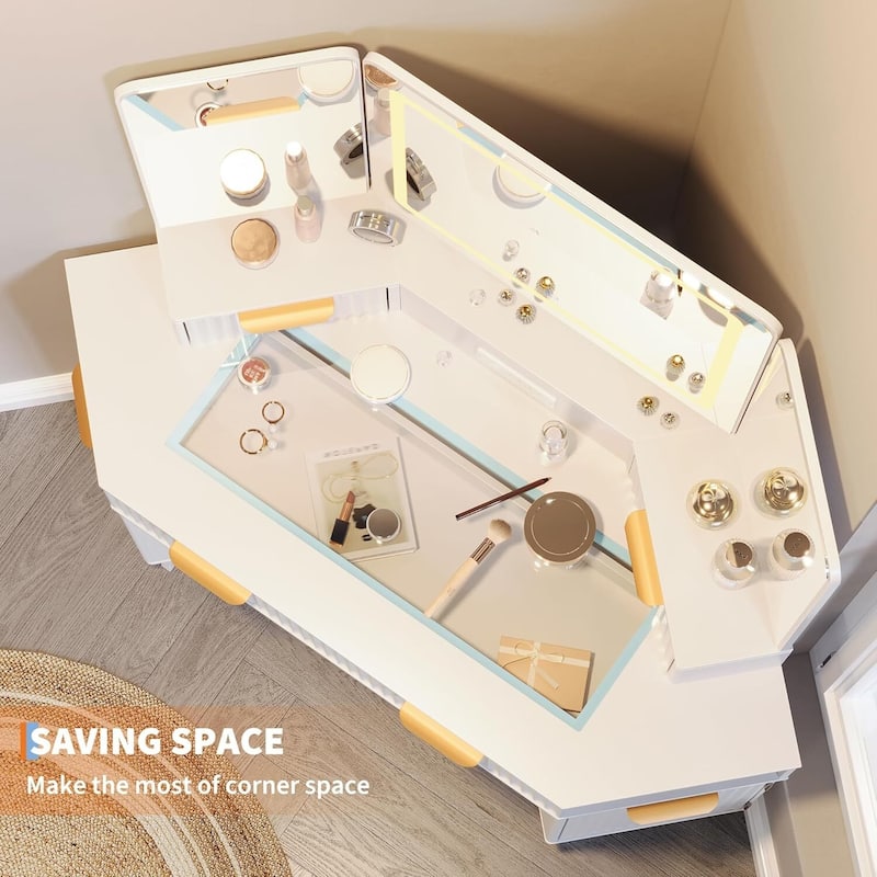 48 inch Fluted Corner Vanity Desk with Lights and Triple Mirror