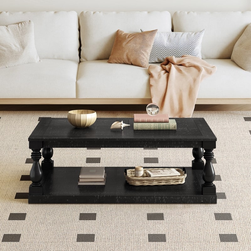 Vintage 45.2" Solid Wood Coffee Table with Open Shelf - Black