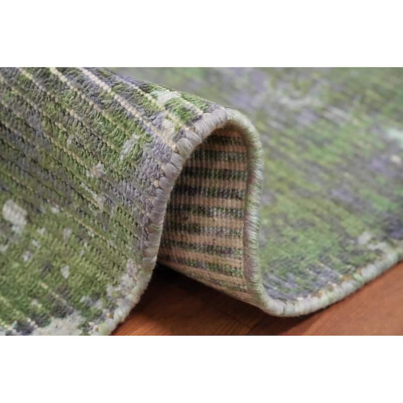 Hand Knotted Oriental Viscose Silk Carpet Modern All-Over Green Abstract Area Rug - 4' 0'' X 2' 0''