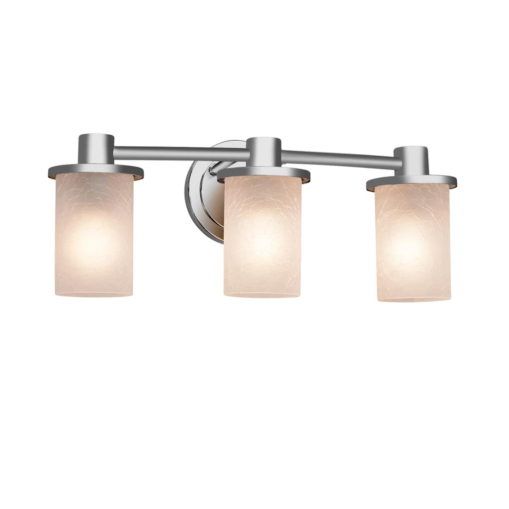 Justice Design Fusion Rondo 3-light Brushed Nickel Bath Bar, Frosted Crackle Cylinder w/ Flat Rim Shade