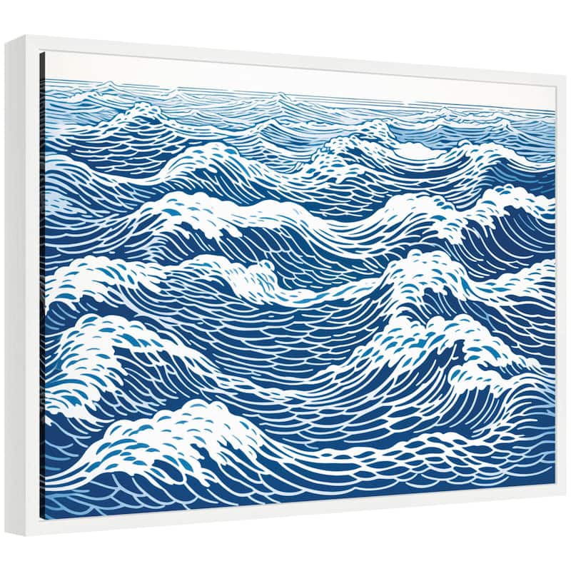 Kate and Laurel Sylvie Linocut Abstract Waves Blue and White Framed Canvas by The Creative Bunch Studio - 24x18 - White