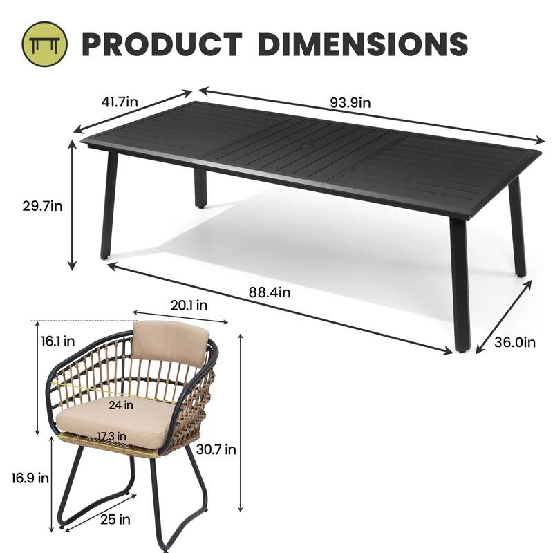 7/9/11-Piece Set Outdoor Aluminum Dining Table with Umbrella Hole and PE Rattan Chairs