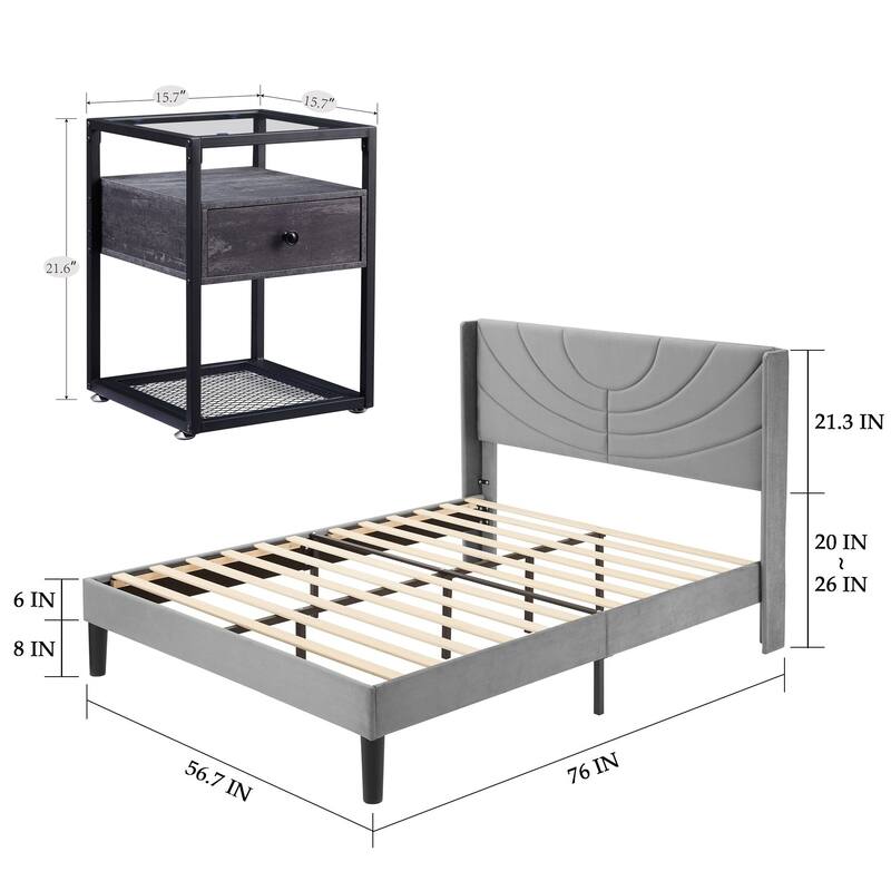 Bedroom Sets, 3-pieces Bedroom Set with Height Adjustable Upholstered Bed and Nightstands Set of 2-VECELO, 15 Style Options