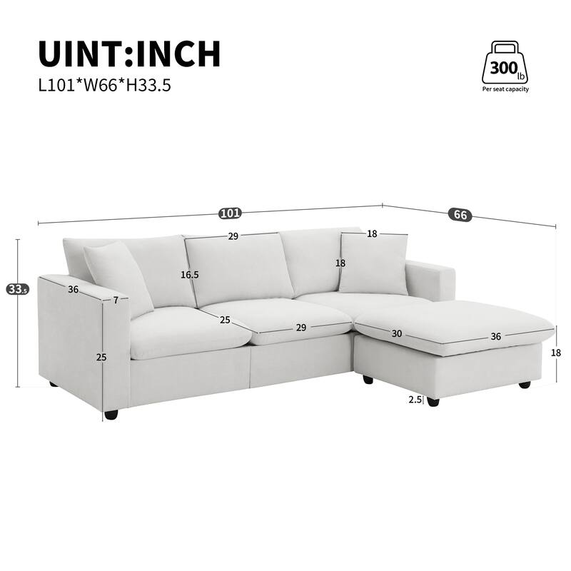 L-shaped Couch Set with 2 Free pillows,4-seat Polyester Fabric Couch Set with Convertible Ottoman for Living Room, Apartment