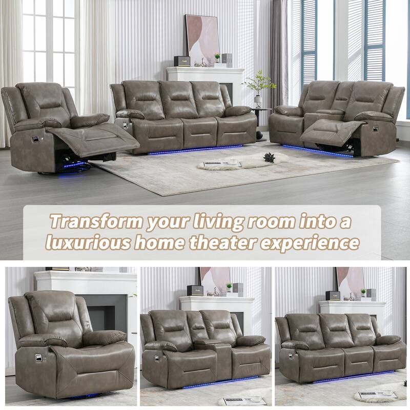 3 Seater Home Theater Recliner Manual Recliner Chair with a LED Light Strip Two Built-in Cup Holders
