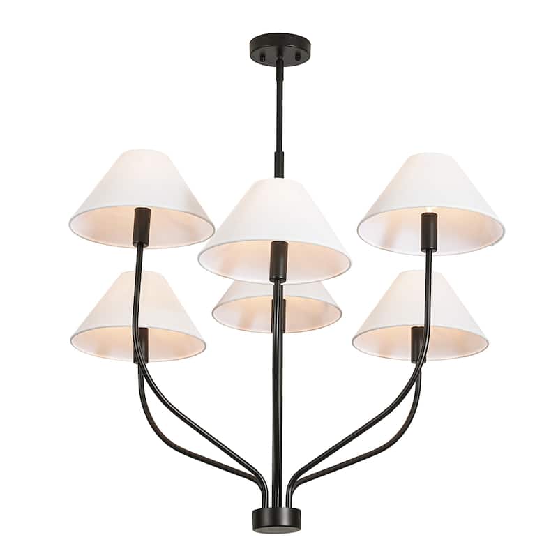6-Light Modern Gold/Matte Black Sputnik Staggered Large Chandelier with Cone White Fabric Shade