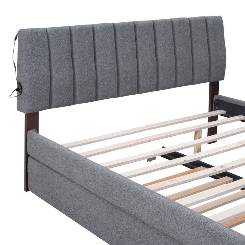 Teddy Fleece Upholstered Platform Bed w/ Trundle, LED Headboard