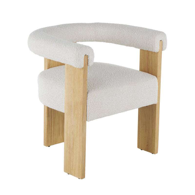 Cream Polyester Curved Back Mid Century Modern Round Boucle Living Room Accent Chair with Brown, Light Brown or Black Wood Frame