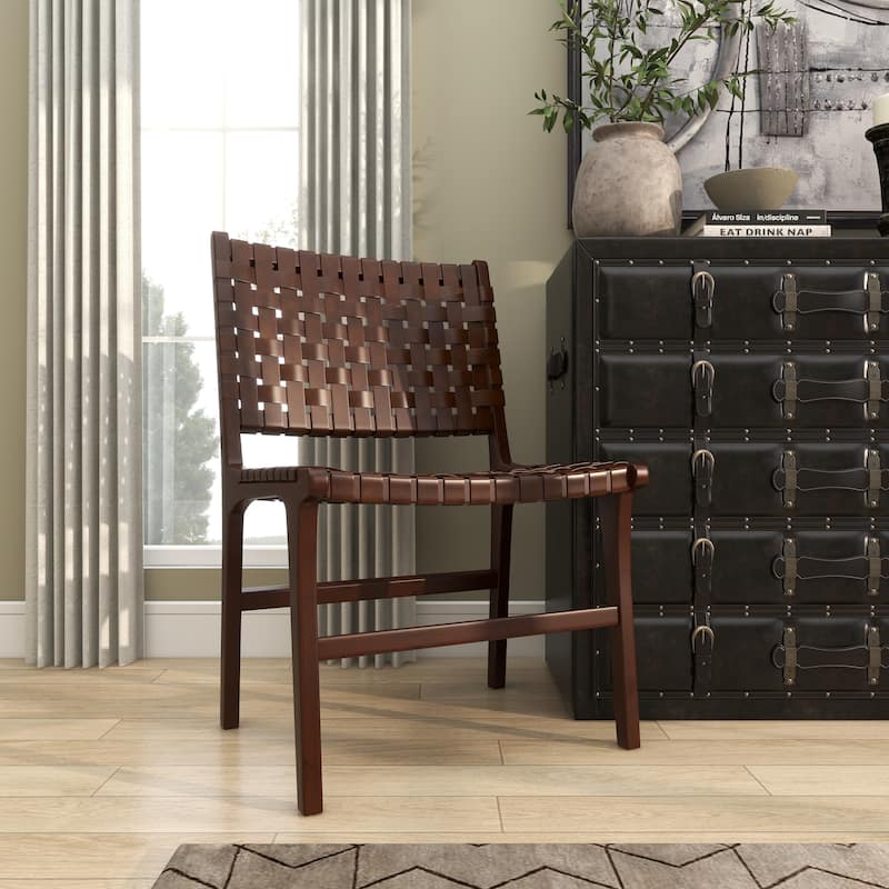 Brown, Black, White Leather Handmade Woven Kitchen Dining Chair with Teak Wood Frame