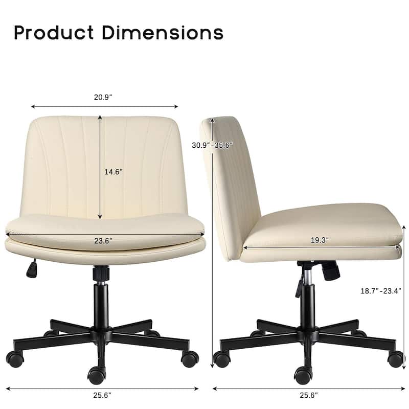 Bossin Criss Cross Chair with Wheels,PU Leather Armless Cross Legged Office chair, Adjustable Wide Seat Task Vanity Chair