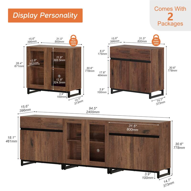 WAMPAT Modern Sideboard with Adjustable Shelves, 3 in 1 Storage Cabinet with Glass Doors, Coffee Bar Cabinet for Kitchen