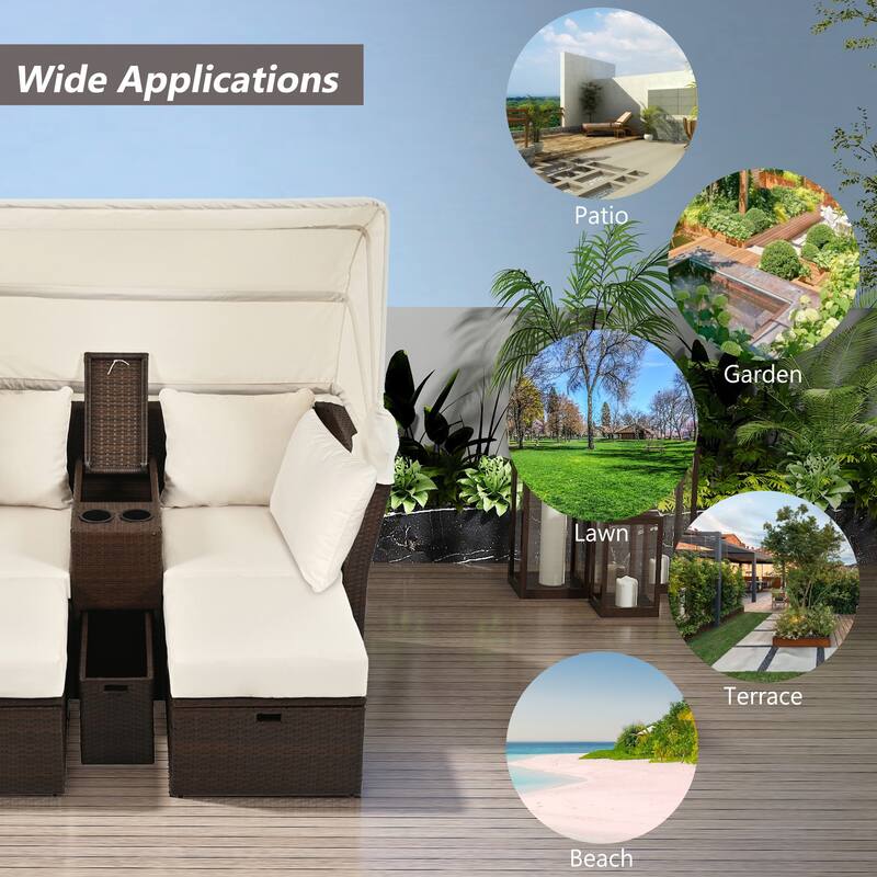 Outdoor Convertible Daybed Loveseat Sofa Set with Canopy & Console