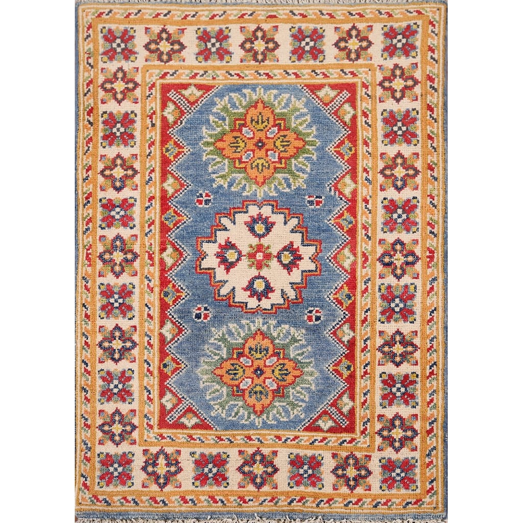 Blue Geometric Kazak Oriental Foyer Rug Hand-Knotted Wool Carpet - 2'0" x 2'9"