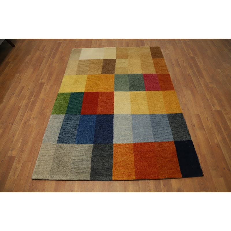 Hand Knotted Oriental 100% Wool Carpet Modern Geometric Multi-Colored Gabbeh Area Rug - 6' 5'' X 4' 6''