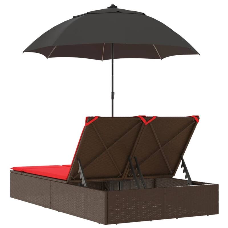 vidaXL Patio Double Sun Lounger&Cushions&Parasol Poly Rattan Brown/Gray/Black - 78.7" x 64.6" x 69.3"