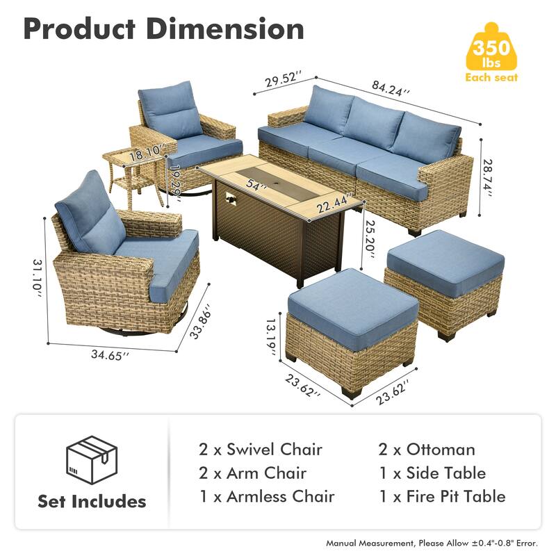 OVIOS 9-Piece T shaped Seat 54" Fire Table Swivel Chair Patio Conversation Set